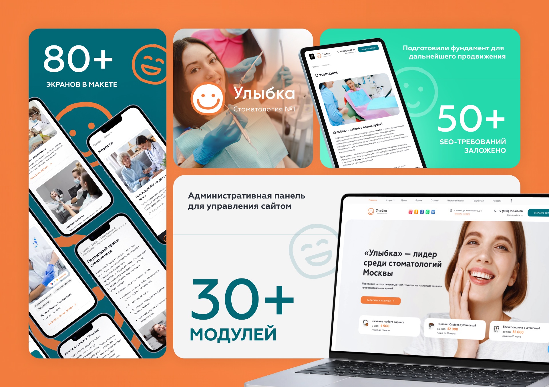 Итоговые экраны сайта стоматологии Улыбка